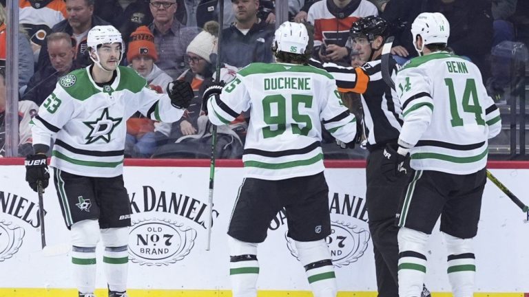 Dallas Stars' Wyatt Johnston (53), Matt Duchene (95) and Jamie Benn (14) celebrate after Johnston's goal during the second period of an NHL hockey game against the Philadelphia Flyers, Thursday, Jan. 9, 2025, in Philadelphia. (Matt Slocum/AP)