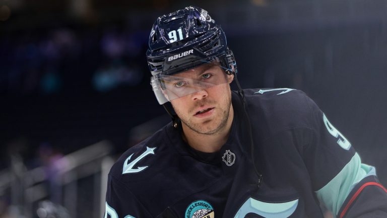 Seattle Kraken right wing Daniel Sprong (91) looks on during warms up before an NHL hockey game against the New York Islanders, Saturday, Nov. 16, 2024, in Seattle. (Rio Giancarlo/AP)