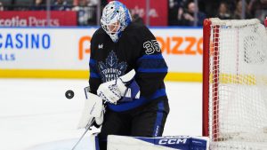 Toronto Maple Leafs goaltender Dennis Hildeby (35) makes a save against the Columbus Blue Jackets during third period NHL hockey action in Toronto on Wednesday, January 22, 2025. (Frank Gunn/CP)