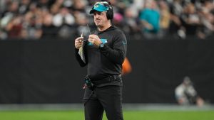 Jacksonville Jaguars head coach Doug Pederson pauses on the field during the first half of an NFL game against the Las Vegas Raiders Sunday, Dec. 22, 2024, in Las Vegas. (AP/John Locher)