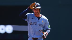 Toronto Blue Jays' Ernie Clement celebrates his solo home run as he runs the bases during the first inning of a baseball game against the Minnesota Twins, Sunday, Sept. 1, 2024, in Minneapolis. (AP/Matt Krohn)