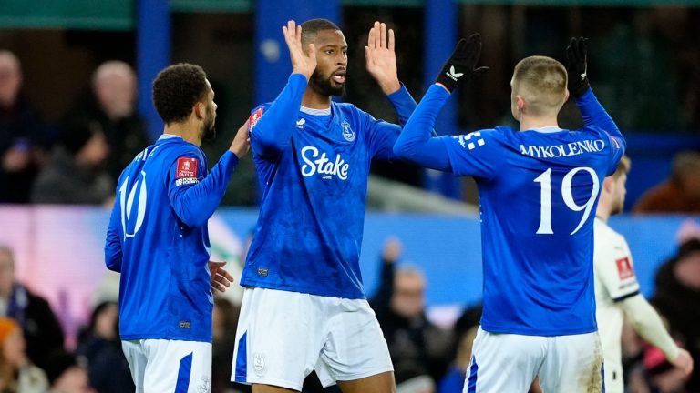 Everton's Beto, center, celebrates scoring during the English FA Cup third round soccer match between Everton and Peterborough United at Goodison Park, Liverpool, England, Thursday Jan. 9, 2025. (Peter Byrne/PA/AP)