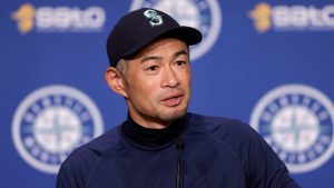 Former Seattle Mariners baseball player Ichiro Suzuki meets with the news media, Friday, Aug. 26, 2022, in Seattle the day before his induction into the Mariners' Hall of Fame. (John Froschauer/AP)