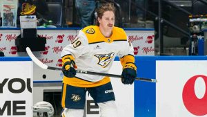 VANCOUVER, CANADA - JANUARY 3: Ozzy Wiesblatt #89 of the Nashville Predators takes to the ice for the pregame warm-up prior to his first NHL game against the Vancouver Canucks in NHL action on January, 3, 2025 at Rogers Arena in Vancouver, British Columbia, Canada. (Photo by Rich Lam/Getty Images)