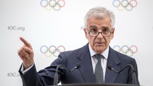 Candidate to the presidency of the International Olympic Committee (IOC) Juan Antonio Samaranch Junior speaks during a press conference following a presentation before their fellow IOC members in Lausanne, Switzerland, Thursday, Jan 30, 2025 (Fabrice Coffrini/Pool Photo via AP)