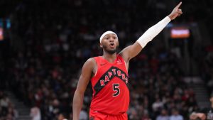 Toronto Raptors' Immanuel Quickley (5) gestures during NBA basketball action against the Brooklyn Nets in Toronto on Wednesday, January 1, 2025. (Chris Young/CP)