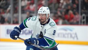 Vancouver Canucks centre J.T. Miller (9) plays against the Detroit Red Wings in the second period of an NHL hockey game Saturday, Feb. 10, 2024, in Detroit. (Paul Sancya/AP)