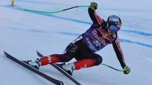 Canada's James Crawford speeds down the course during an alpine ski, men's World Cup downhill, in Kitzbühel, Austria, Saturday, Jan. 25, 2025. (AP/Marco Trovati)