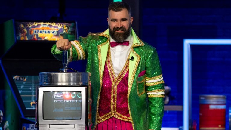 Former NFL player and ESPN analyst Jason Kelce introduces the final segment during the taping of "They Call It Late Night with Jason Kelce", Friday, Jan. 3, 2025, in Philadelphia. (AP Photo/Chris Szagola)