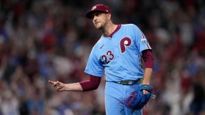 Philadelphia Phillies pitcher Jeff Hoffman reacts after the Phillies won a baseball game against the Atlanta Braves, Thursday, Aug. 29, 2024, in Philadelphia. (AP Photo/Matt Slocum)