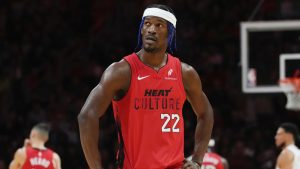 Miami Heat forward Jimmy Butler looks up during a time out in the second half of an NBA game against the Phoenix Suns, Saturday, Dec. 7, 2024, in Miami. (AP/Marta Lavandier)