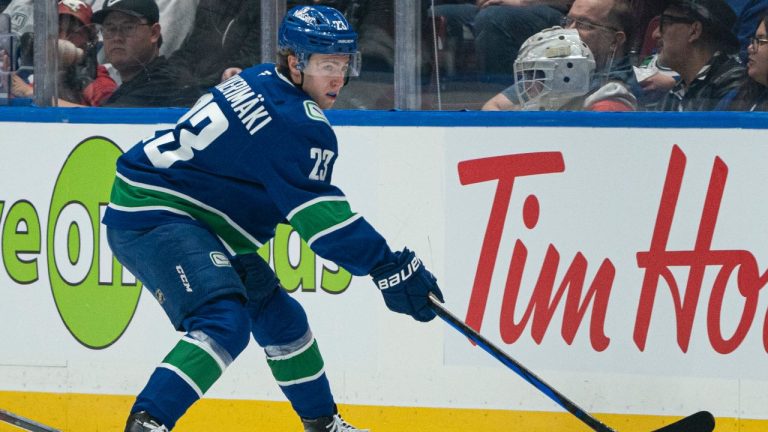 Vancouver Canucks' Jonathan Lekkerimaki passes the puck during first period NHL action against the Calgary Flames in Vancouver, B.C., Tuesday, November 12, 2024. (THE CANADIAN PRESS/Rich Lam)