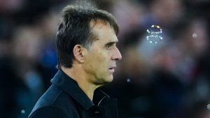 West Ham's head coach Julen Lopetegui during the English Premier League soccer match between West Ham United and Wolverhampton Wanderers, at The London Stadium in London,Monday, Dec 9,2024. (Dave Shopland/AP)