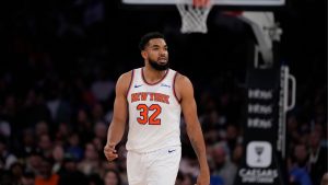 New York Knicks' Karl-Anthony Towns (32) during the second half of an NBA basketball game against the Utah Jazz Wednesday, Jan. 1, 2025, in New York. (Frank Franklin II/AP)