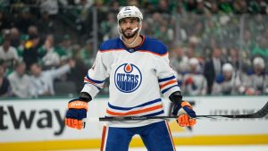 Edmonton Oilers' Evander Kane waits on a face off against the Dallas Stars in Game 1 of the NHL hockey Western Conference Stanley Cup playoff finals, Thursday, May 23, 2024, in Dallas. (Tony Gutierrez/AP)