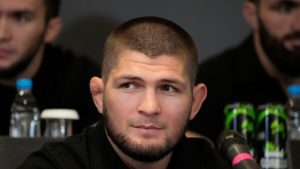 Russian UFC fighter Khabib Nurmagomedov speaks during a news conference in Moscow, Russia, Wednesday, Aug. 18, 2021. (Pavel Golovkin/AP)