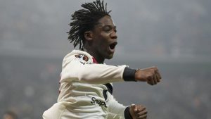 Manchester United's Kobbie Mainoo celebrates after scoring his side's second goal during the Europa League league phase soccer match between FCSB and Manchester United at the National Arena stadium, Thursday, Jan. 30, 2025. (Andreea Alexandru/AP)
