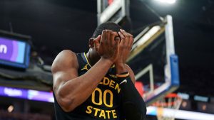 Golden State Warriors forward Jonathan Kuminga reacts to a foul call during the first half an NBA basketball against the Cleveland Cavaliers, Monday, Dec. 30, 2024, in San Francisco. (Kavin Mistry/AP)