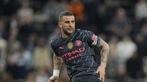 Manchester City's Kyle Walker during the English Premier League soccer match between Tottenham Hotspur and Manchester City at Tottenham Hotspur Stadium in London, Tuesday, May 14, 2024.(Kin Cheung/AP)