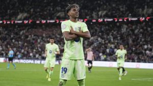 Barcelona's Lamine Yamal celebrates after scoring during the Spanish Super Cup semifinal match between Athletic Bilbao and Barcelona in Jeddah, Saudi Arabia, on Wednesday, Jan. 8, 2025. (Altaf Qadri/AP)