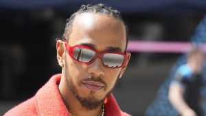 Mercedes driver Lewis Hamilton of Britain arrives at the Bahrain International Circuit in Sakhir, Bahrain, Thursday, March 2, 2023. (Frank Augstein/AP)