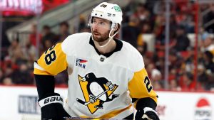 Pittsburgh Penguins' Marcus Pettersson (28) watches the puck against the Carolina Hurricanes during the first period of an NHL hockey game in Raleigh, N.C., Sunday, Jan. 5, 2025. (Karl DeBlaker/AP)