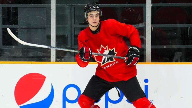 Porter Martone (24) looks to the puck during the Canadian World Junior Hockey Championships selection camp scrimmage against U Sports in Ottawa. (Sean Kilpatrick/CP)