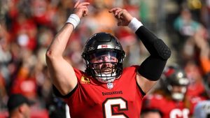 Tampa Bay Buccaneers quarterback Baker Mayfield (6) celebrates his touchdown pass during the second half of an NFL football game against the New Orleans Saints Sunday, Jan. 5, 2025, in Tampa, Fla. (Jason Behnken/CP)