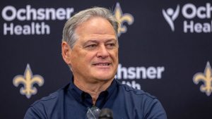 Mickey Loomis, executive vice president and general manager of the New Orleans Saints, talks with the media about the draft at the NFL football team's headquarters in Metairie, La., Wednesday, April 26, 2023. (David Grunfeld/The Times-Picayune/The New Orleans Advocate via AP)