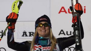 FILE - United States' Mikaela Shiffrin celebrates after winning a women's World Cup slalom skiing event in Are, Sweden, March 10, 2024. (AP/Alessandro Trovati, File)