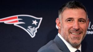 New England Patriots head coach Mike Vrabel smiles during an availability, Monday, Jan. 13, 2025, in Foxborough, Mass.. (AP Photo/Charles Krupa)