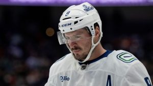 Vancouver Canucks centre J.T. Miller (9) skates during the second period of an NHL hockey game against the Anaheim Ducks in Anaheim, Calif., Tuesday, Nov. 5, 2024. (Alex Gallardo/AP)