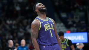 New Orleans Pelicans forward Zion Williamson (1) reacts after his slam dunk in the second half of an NBA basketball game against the Minnesota Timberwolves in New Orleans, Tuesday, Jan. 7, 2025. (Gerald Herbert/AP)