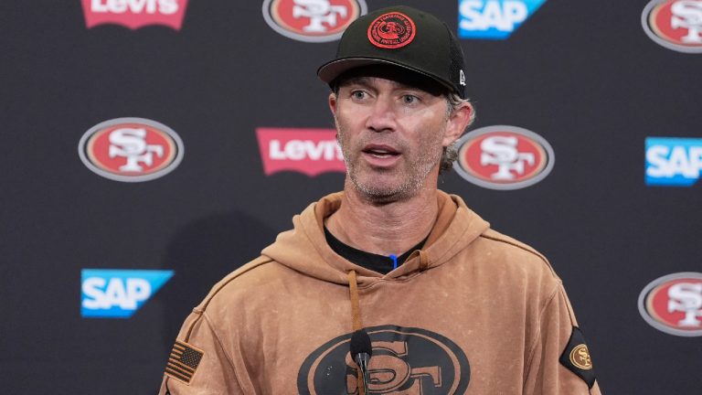 Nick Sorensen speaks at a news conference during NFL football training camp in Santa Clara, Calif., Wednesday, July 31, 2024. (Jeff Chiu/AP)