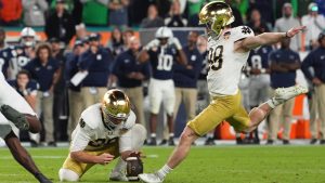 Notre Dame place kicker Mitch Jeter (98) kicks the game-winning field goal during the second half of the Orange Bowl College Football Playoff semifinal game against Penn State Thursday, Jan. 9, 2025, in Miami Gardens, Fla. (Rebecca Blackwell/AP)