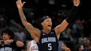 Orlando Magic forward Paolo Banchero reacts to sinking a three-point shot before it was called no good during the second half of an NBA basketball game against the Chicago Bulls, Wednesday, Oct. 30, 2024, in Chicago. (Erin Hooley/AP)