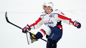 Washington Capitals' Alex Ovechkin (8) celebrates his game-winning goal against the Ottawa Senators during overtime NHL hockey action in Ottawa on Thursday, January 16, 2025. (Sean Kilpatrick/AP)