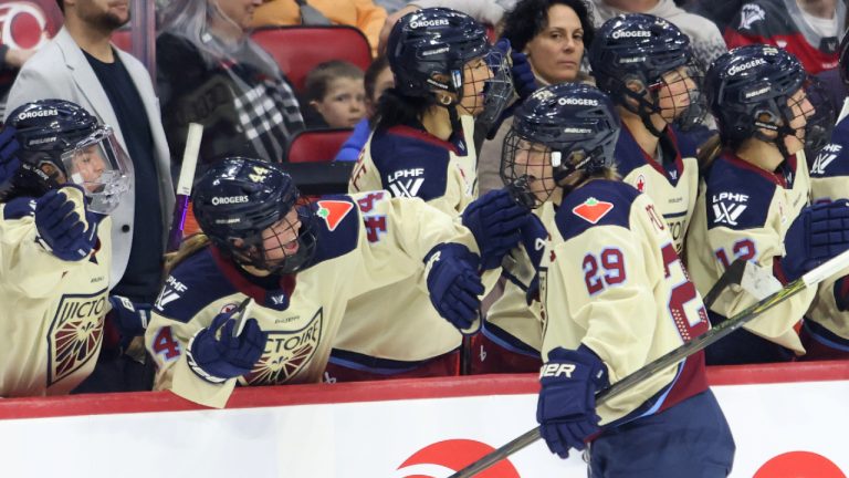 Montreal Victoire's Marie-Philip Poulin (29) celebrates her goal with teammates during second period PWHL hockey action against the Ottawa Charge in Ottawa on Friday, Dec. 6, 2024. (Patrick Doyle/CP)