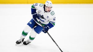 Vancouver Canucks defenceman Quinn Hughes skates with the puck during overtime of an NHL game against the Washington Capitals, Wednesday, Jan. 8, 2025, in Washington. (AP/Nick Wass)