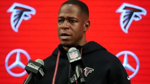 Atlanta Falcons head coach Raheem Morris speaks after an NFL football game against the Carolina Panthers, Sunday, Jan. 5, 2025, in Atlanta. (AP Photo/Mike Stewart)