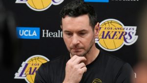 Los Angeles Lakers coach JJ Redick recounts that he and his family lost their house in the deadly Pacific Palisades wildfire during an NBA basketball news conference at the UCLA Health Training Center in El Segundo, Calif., Friday, Jan. 10, 2025. (Damian Dovarganes/AP)