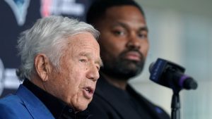 New England Patriots owner Robert Kraft, left, and newly-named Patriots head coach Jerod Mayo, right, face reporters, Wednesday, Jan. 17, 2024, during an NFL football news conference, in Foxborough, Mass. Mayo succeeds Bill Belichick as the franchise's 15th head coach. (AP Photo/Steven Senne)