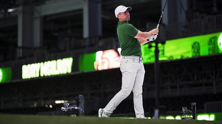 Rory McIlroy, who is part of the Boston Common squad, tests out the new TGL technology. (Photo courtesy TGL)