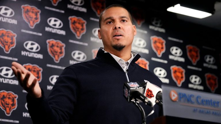 Chicago Bears General Manager Ryan Poles talks to media during an NFL football news conference at Halas Hall in Lake Forest, Ill., Tuesday, Jan. 7, 2025. (AP Photo/Nam Y. Huh)