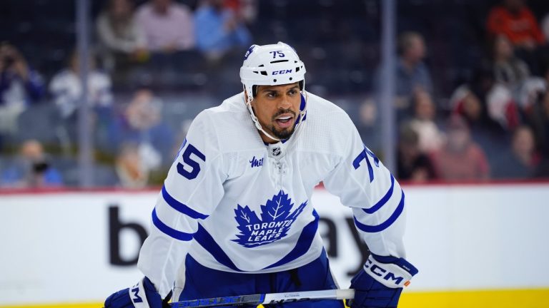 Toronto Maple Leafs' Ryan Reaves plays during an NHL game, Thursday, March 14, 2024, in Philadelphia. (AP/Matt Slocum)