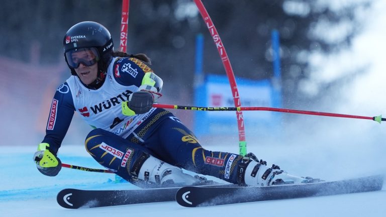 Sweden's Sara Hector speeds down the course during an alpine ski, women's World Cup giant slalom race in Kranjska Gora, Slovenia, Saturday, Jan. 4, 2025. (AP Photo/Giovanni Auletta)