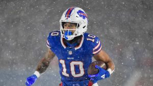 Buffalo Bills wide receiver Khalil Shakir (10) runs with the ball during the second half of an NFL football game against the San Francisco 49ers in Orchard Park, N.Y., Sunday, Dec. 1, 2024. (Adrian Kraus/AP)