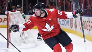 Team Canada's Sidney Crosby (87) celebrates after scoring against Russia during first period World Cup of Hockey semifinal action in Toronto, Saturday, Sept. 24, 2016. (Nathan Denette/CP)
