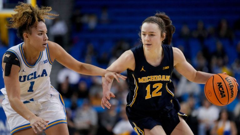 Michigan guard Syla Swords (12) dribbles against UCLA guard Kiki Rice (1) during the second half of an NCAA college basketball game in Los Angeles, Wednesday, Jan. 1, 2025. (Eric Thayer/AP)