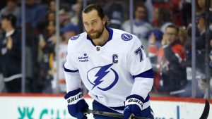 Tampa Bay Lightning defenseman Victor Hedman (77) during warm up of an NHL hockey game against the New Jersey Devils, Saturday, Jan. 11, 2025, in Newark, N.J. (Noah K. Murray/AP)